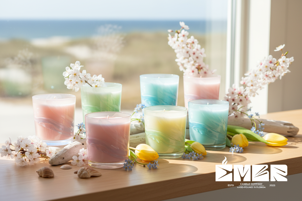 Spring 2026 hand-poured soy candles in pastel colors by the sea