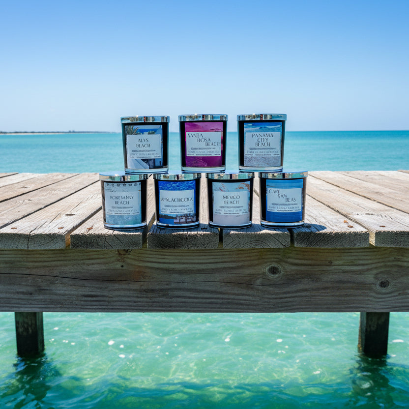 Hand-poured coastal luxury candles on dock by Emerald Coast