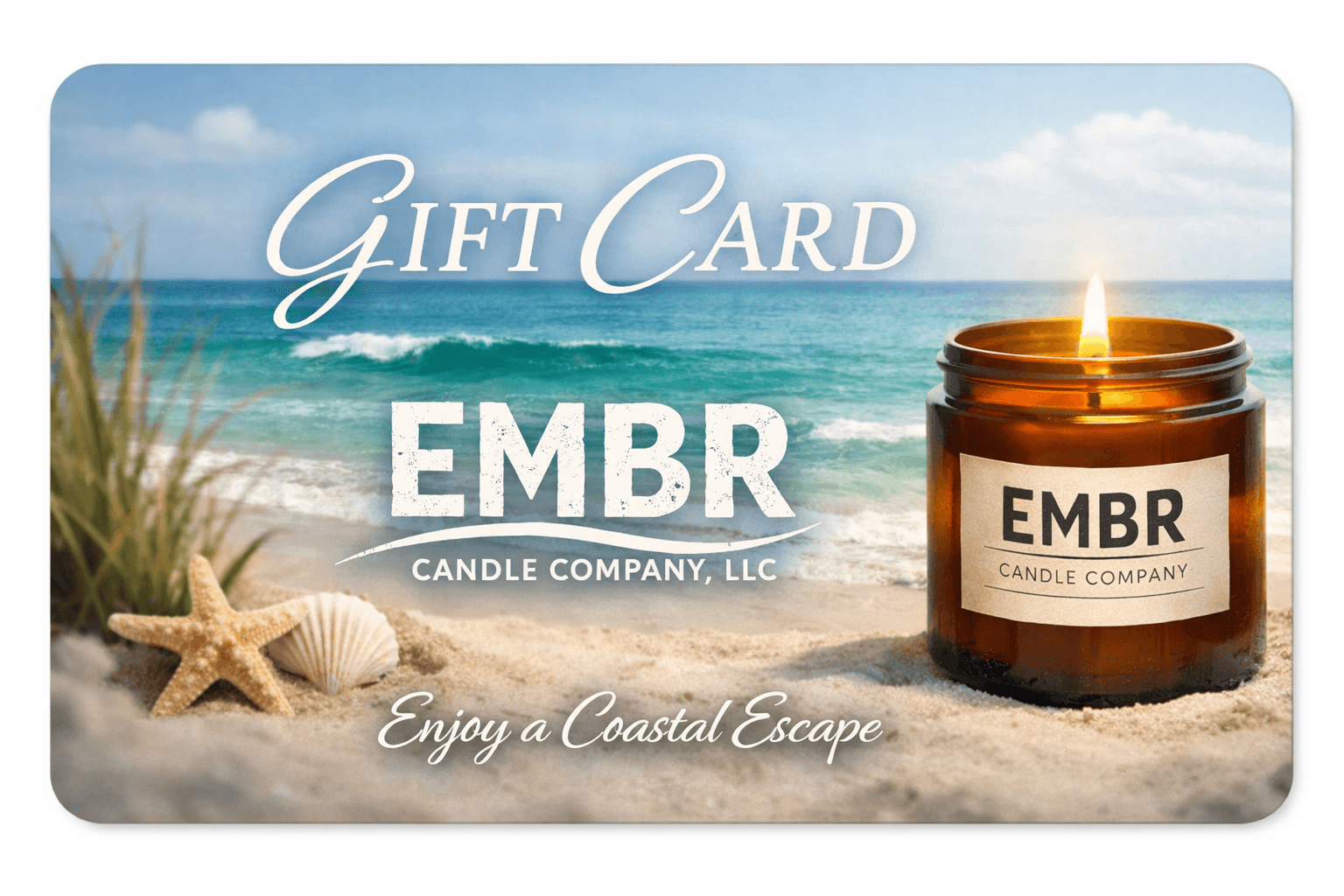 EMBR Candle Company gift card featuring a lit soy candle on a sandy beach with seashells and ocean waves. Ideal eco-friendly gift for candle lovers.