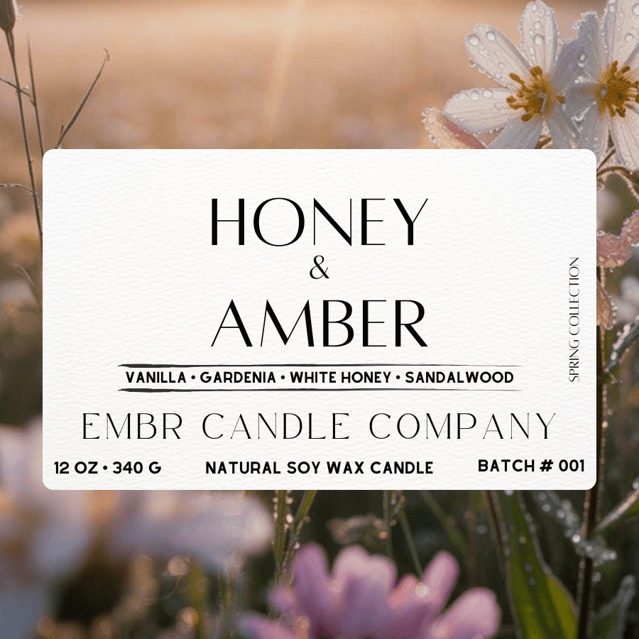 Honey & Amber - Honey Amber Soy Wax Candle | 12 oz candle with notes of vanilla, gardenia, white honey & sandalwood in spring floral setting.