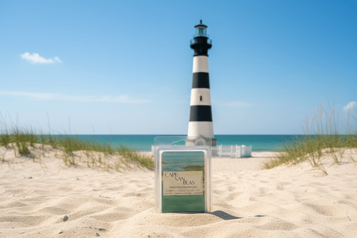 Cape San Blas Soy Wax Melt 2.5 oz displayed on sandy beach with lighthouse in background, ideal for home fragrance lovers seeking coastal scents.