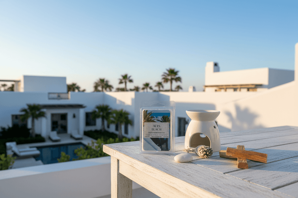Alys Beach Soy Wax Melt 2.5 Oz 6-piece clamshell on a patio table with a wax warmer, set against a coastal villa backdrop for a spa-like ambiance.