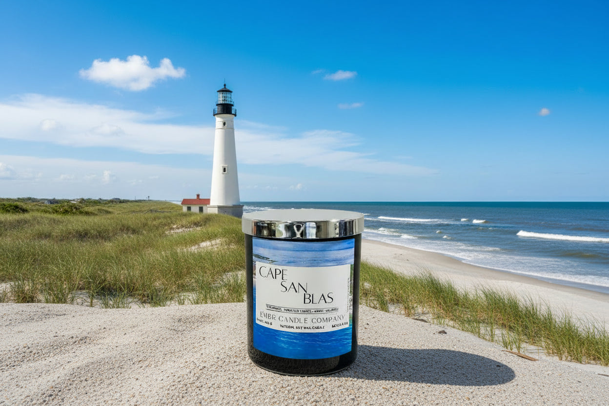 Cape San Blas - Emerald Coast Collection - Soy Wax Candle displayed on sandy beach with lighthouse and ocean in background, ideal for coastal home decor.