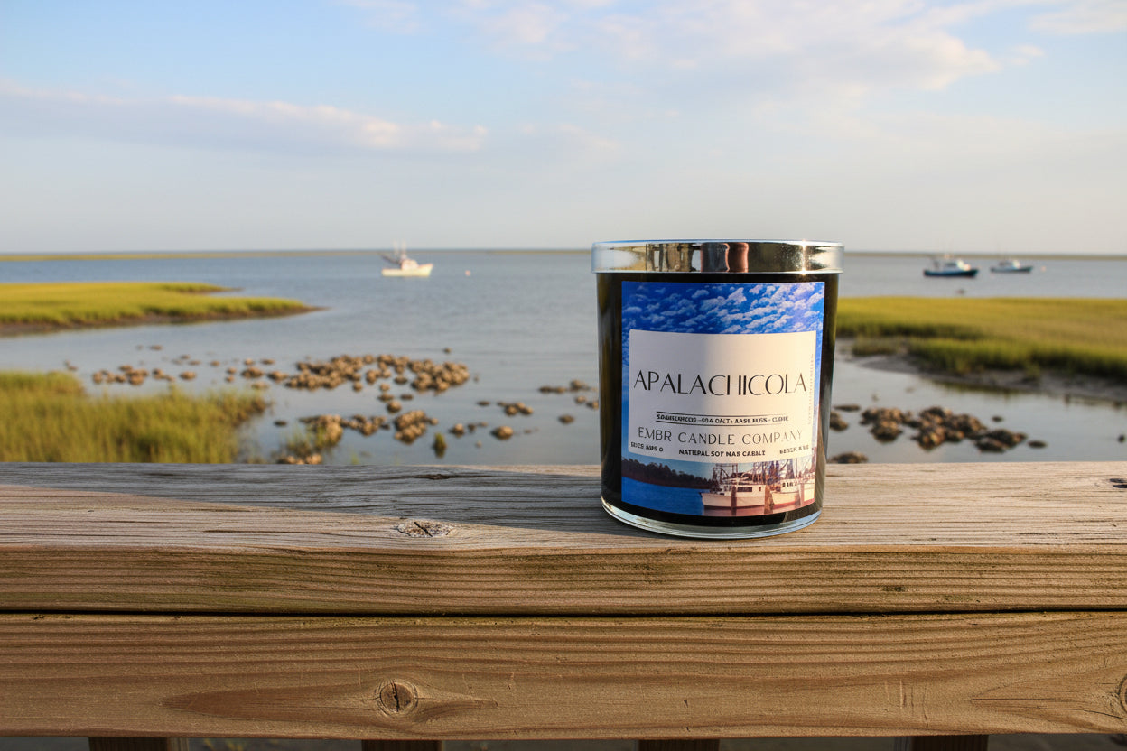 Apalachicola Soy Wax Candle - Coastal Aroma | Clean burn, displayed on a wooden railing with a scenic waterfront backdrop, ideal for home decor.