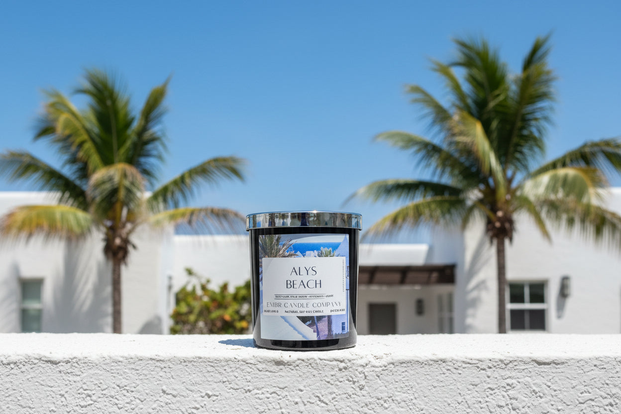 Alys Beach - Emerald Coast Collection - Soy Wax Candle displayed outdoors with palm trees and white coastal homes in the background.