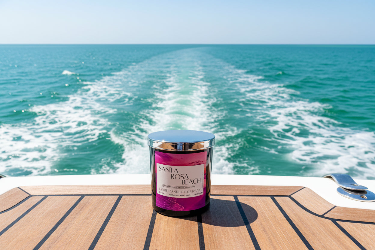 Santa Rosa Beach - Emerald Coast Collection - Soy Wax Candle on yacht deck with turquoise ocean backdrop, ideal for coastal-themed home decor.