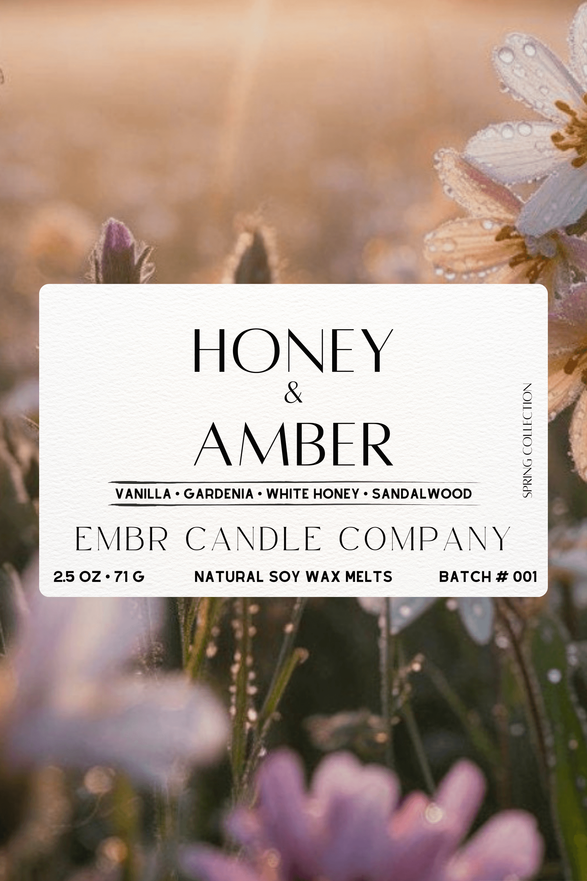 Close-up of Honey & Amber Wax Melt label showing scent notes of vanilla, gardenia, white honey, and sandalwood from Embr Candle Company.