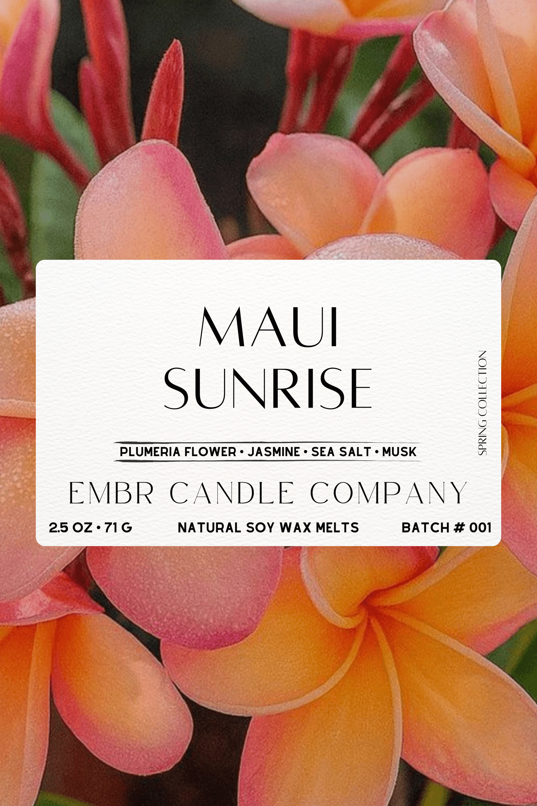 Close-up of Maui Sunrise Wax Melt label with plumeria background, highlighting 2.5 oz soy wax blend of jasmine, sea salt, and musk.