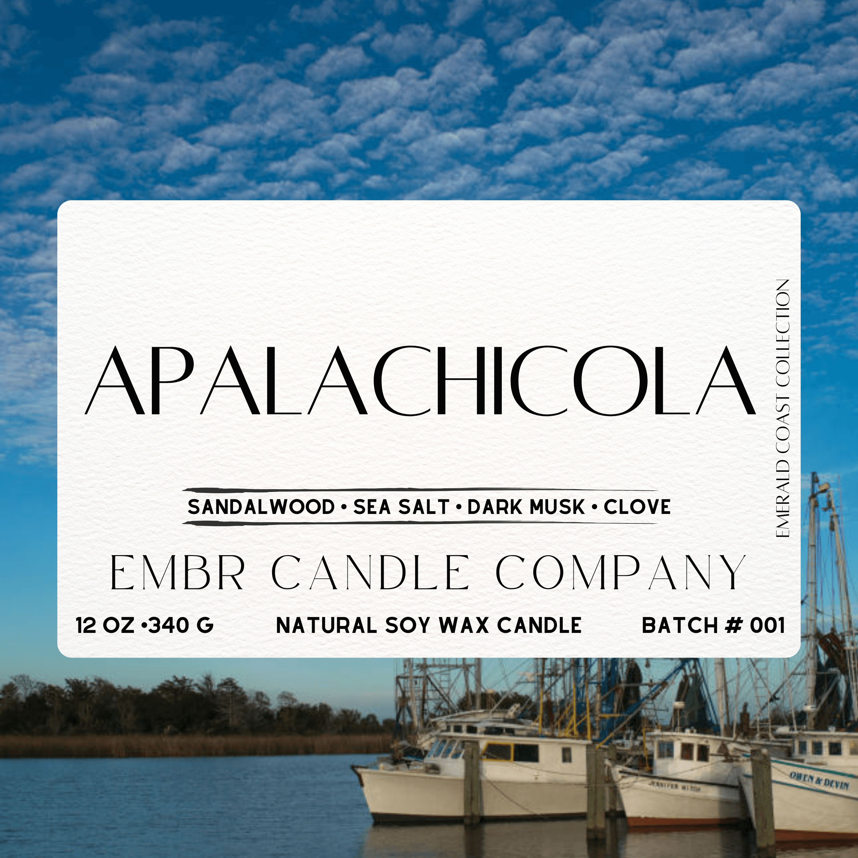 Label of Apalachicola Soy Wax Candle - Coastal Aroma | Clean burn, featuring sandalwood, sea salt, dark musk, and clove from the Emerald Coast Collection.