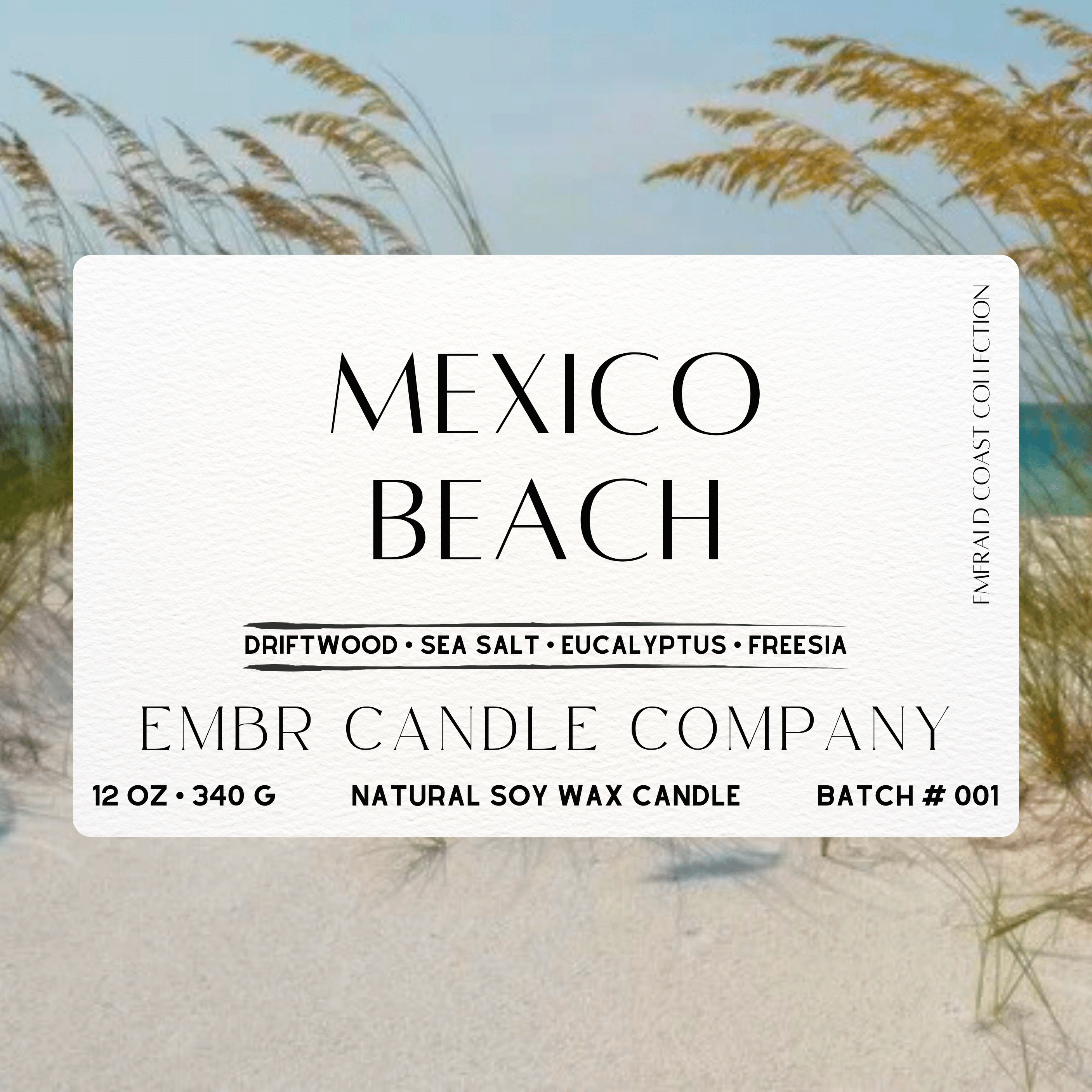 Close-up label of Mexico Beach - Emerald Coast Collection soy wax candle showing scent notes of driftwood, sea salt, eucalyptus, and freesia.