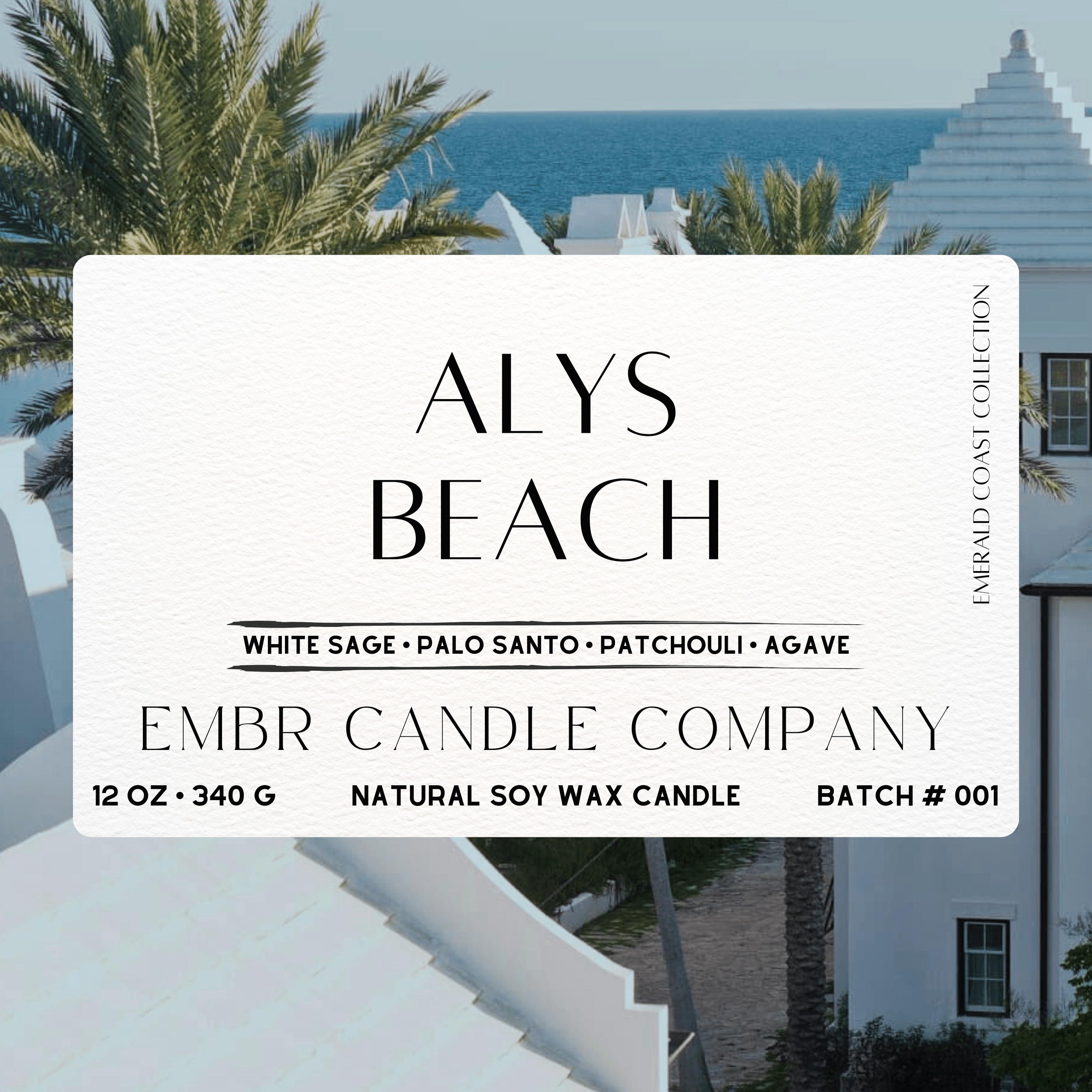 Close-up of Alys Beach - Emerald Coast Collection - Soy Wax Candle label showing scent notes of white sage, palo santo, patchouli, and agave.