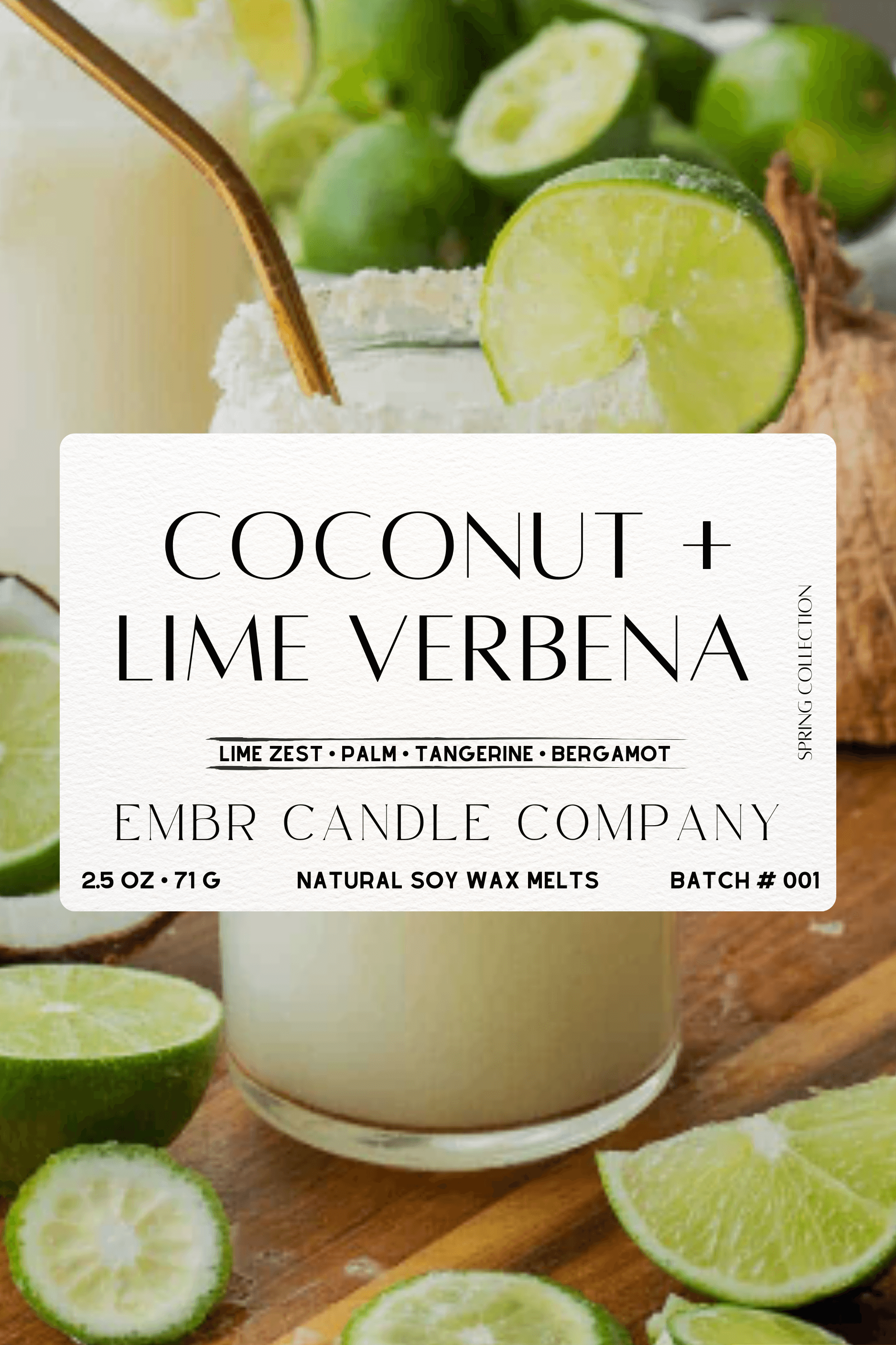 Close-up of Coconut & Lime Verbena soy wax melt label featuring fresh limes and coconut, highlighting natural ingredients and 2.5 oz soy wax cubes.