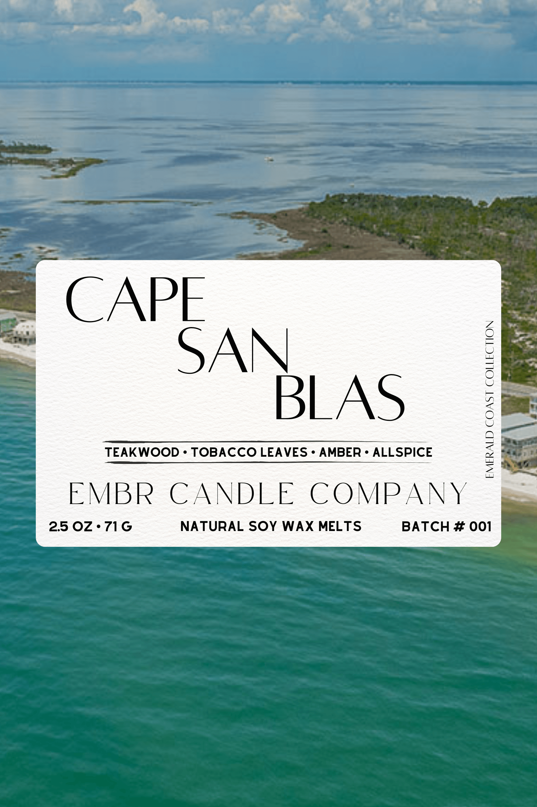 Cape San Blas Soy Wax Melt label featuring coastal aerial view, highlighting teakwood, tobacco, amber notes in 2.5 oz natural soy wax tart.