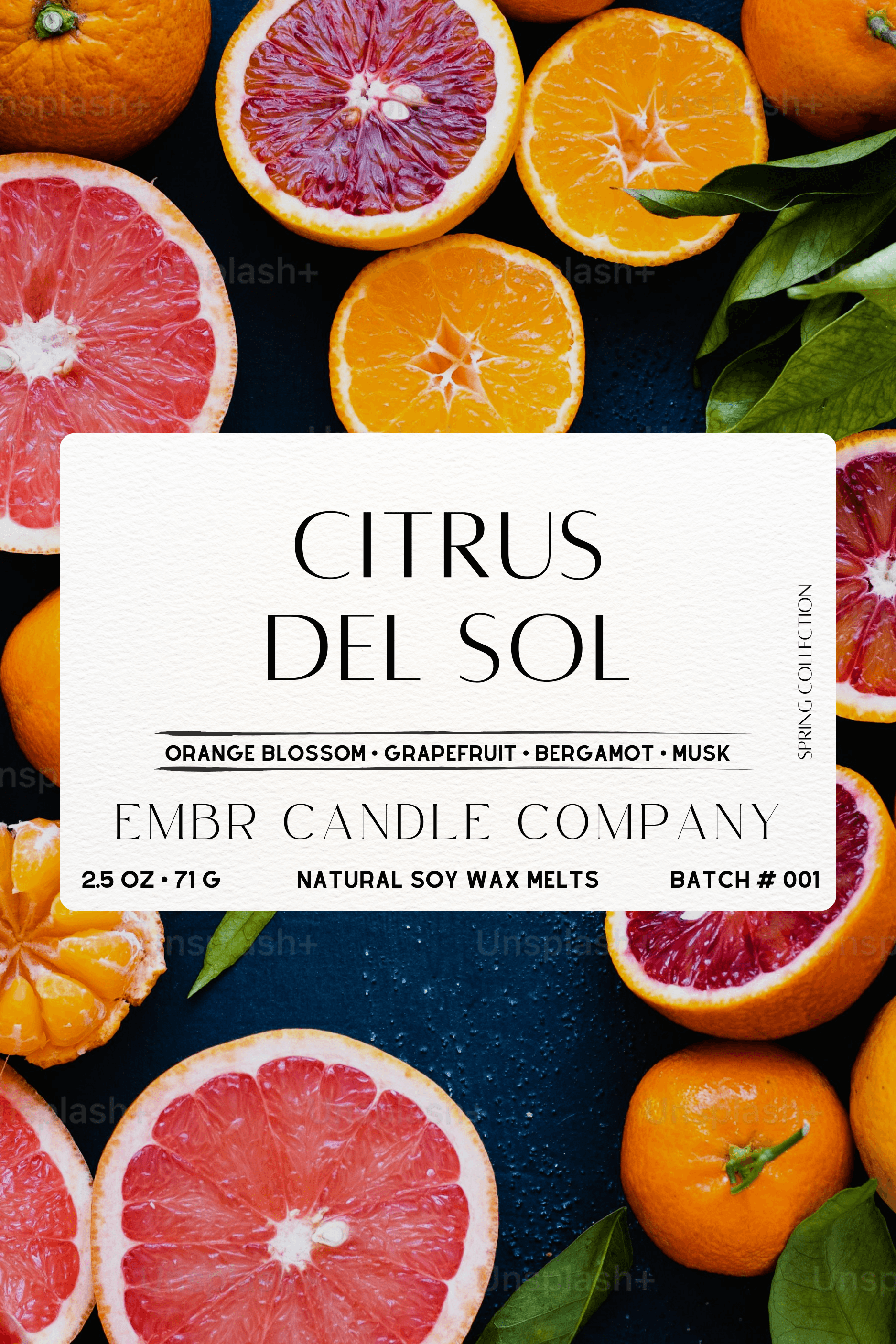 Close-up of Citrus Del Sol Soy Wax Melts label featuring grapefruit, orange, and tangerine slices, highlighting natural ingredients and 2.5 oz size.