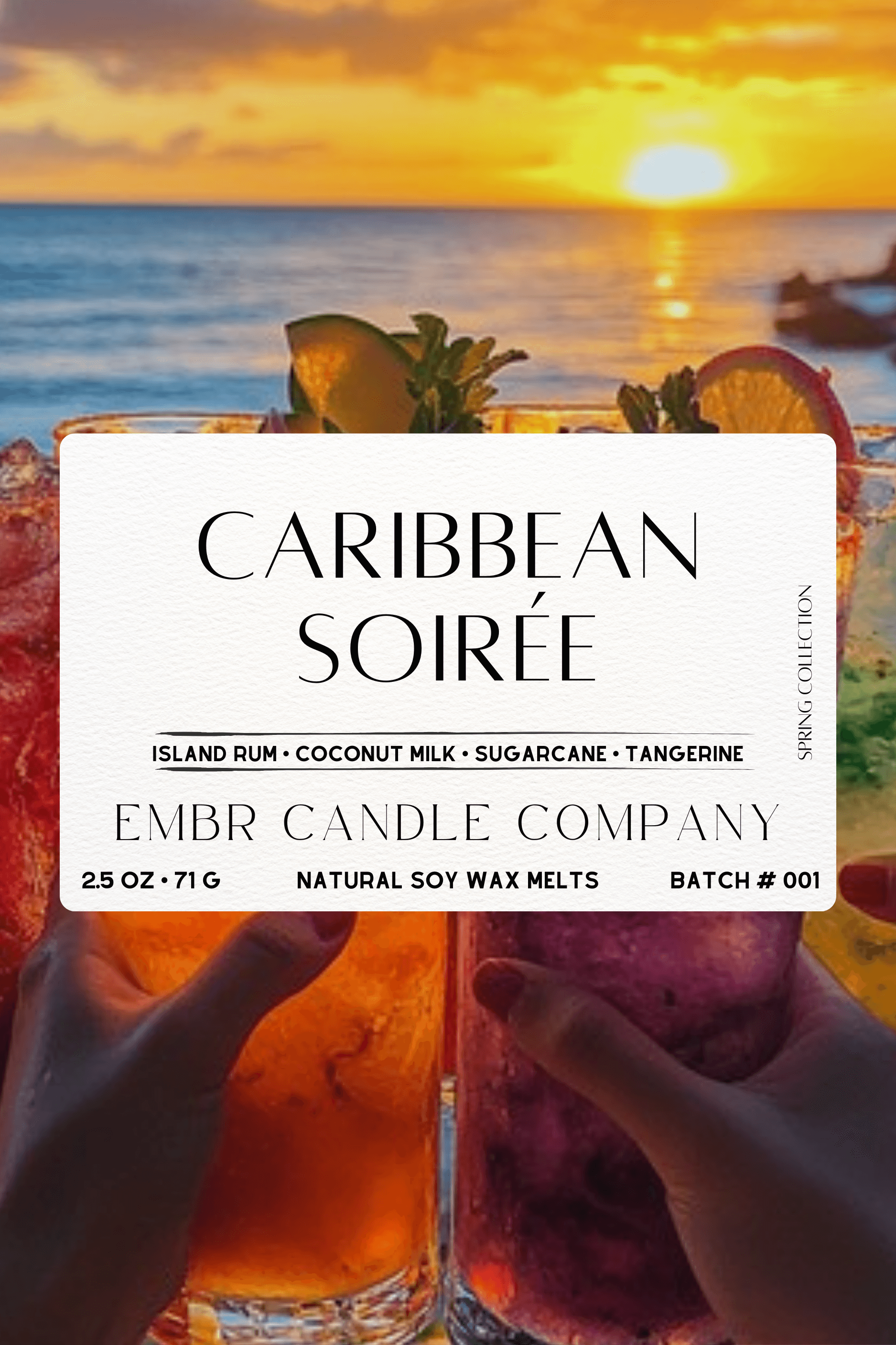 Close-up of Caribbean Soiree Soy Wax Melt label with vibrant tropical drinks and sunset background, highlighting tangerine and coconut scent notes.