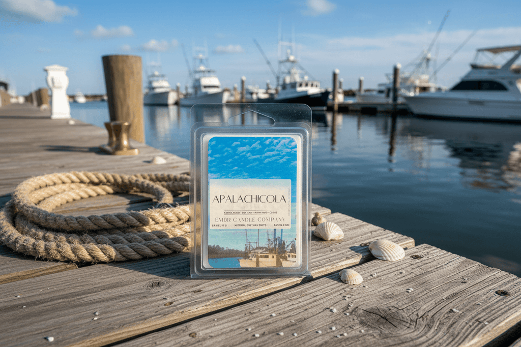 Apalachicola Soy Wax Melt Fragrance - Apalachicola fragrance | 2.5 oz clamshell displayed on a dock with boats and seashells, ideal for coastal-themed home fragrance.