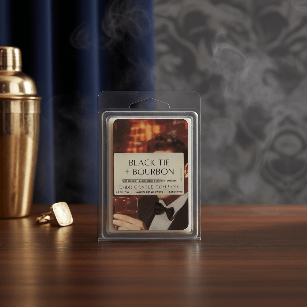 Black Tie Bourbon Wax Melt in 2.5 oz soy wax clamshell with elegant packaging, ideal for luxury home fragrance in Home & Garden decor.
