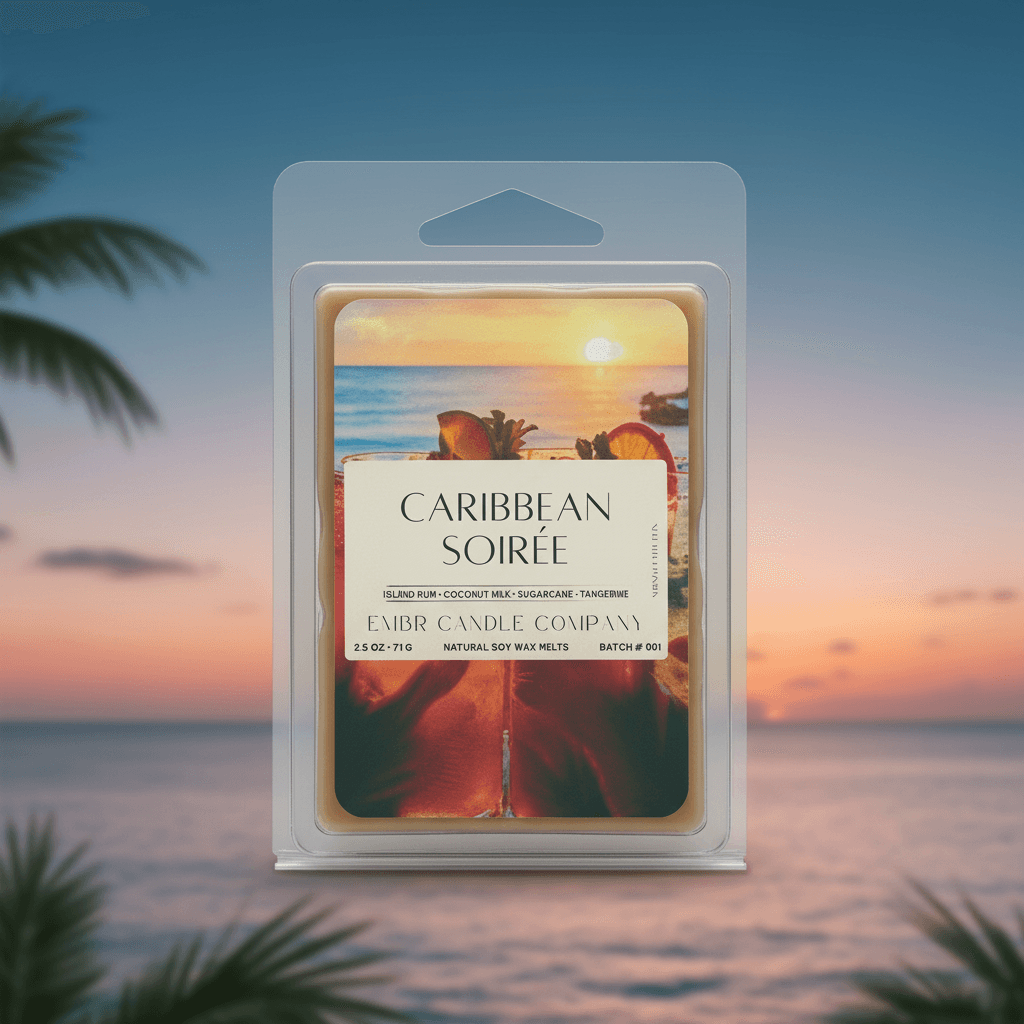Caribbean Soiree Soy Wax Melt 2.5 oz pack with 6 pieces, featuring tropical island-themed packaging ideal for home fragrance lovers.
