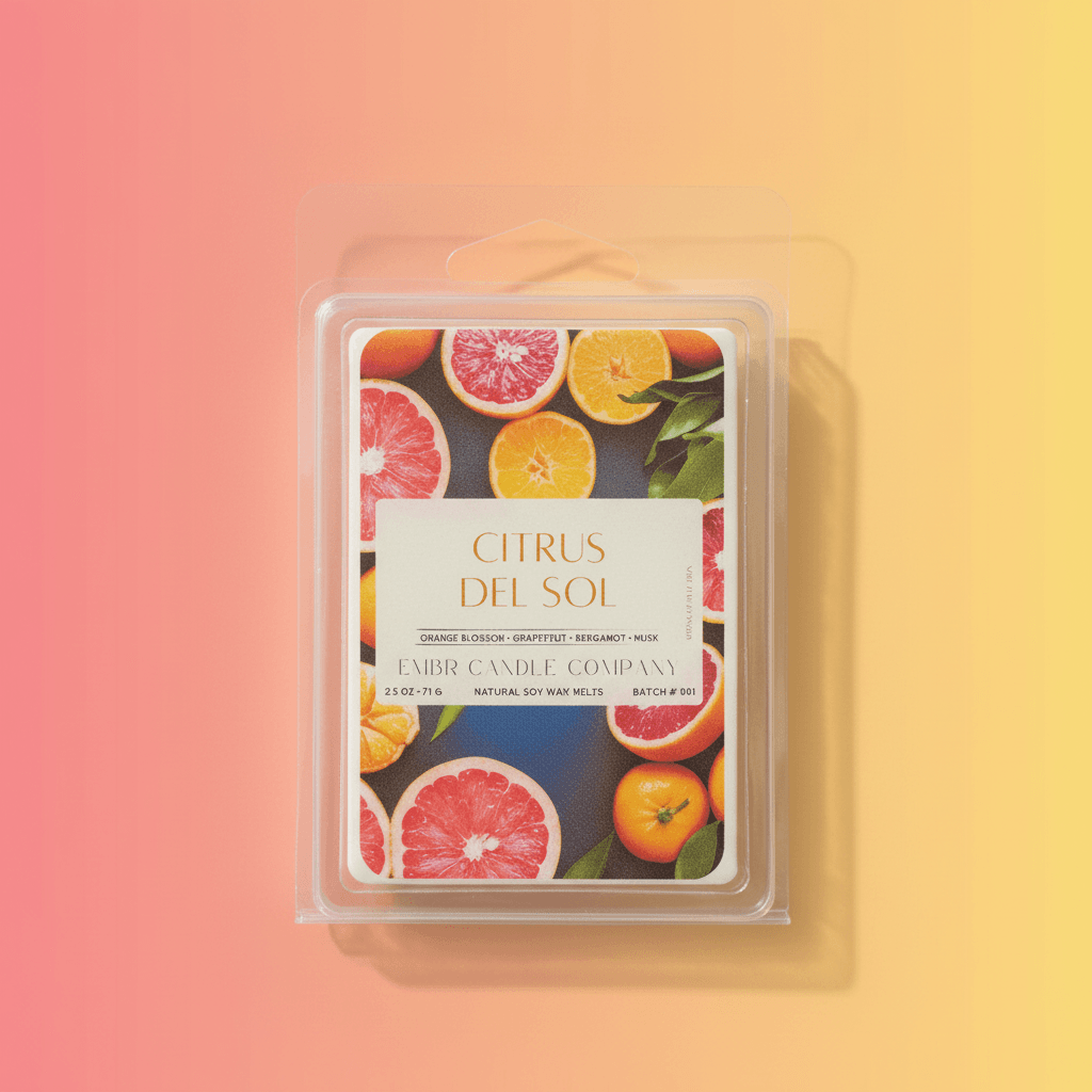 Citrus Del Sol Soy Wax Melts 2.5 oz in clamshell packaging with vibrant citrus fruit design, ideal for clean home fragrance in wax warmers.