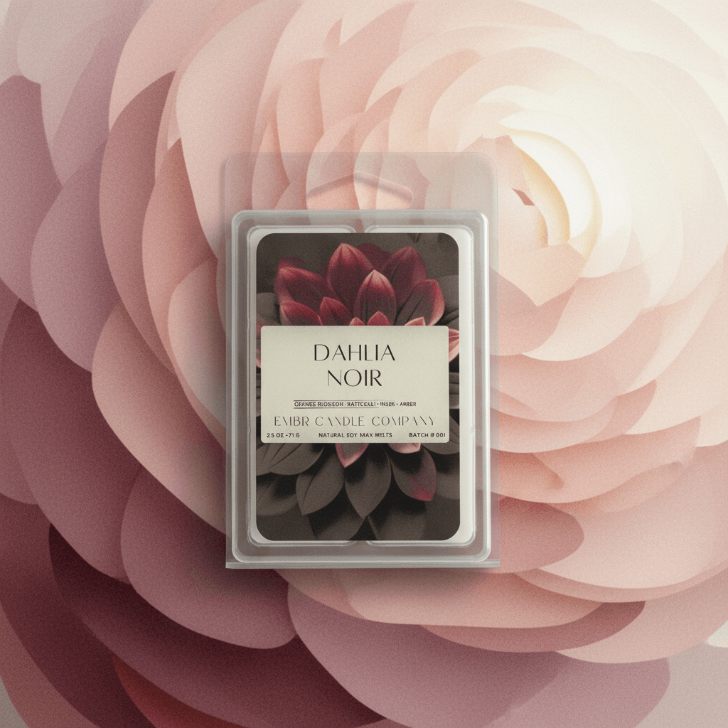 Dahlia Noir soy wax melts 2.5 oz in clamshell packaging, displayed on a soft floral background. Elegant floral scent for home fragrance lovers.