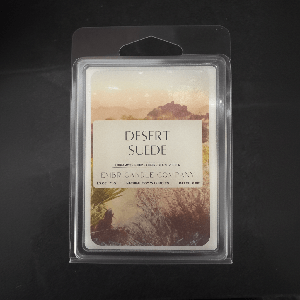 Desert Suede - 2.5 Oz Soy Wax Melt in a 6-cube clamshell packaging, featuring warm tones and natural imagery for home fragrance decor.