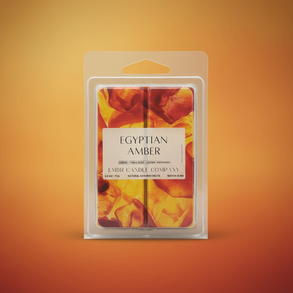 Egyptian Amber Soy Wax Melt 2.5 oz clamshell with rich amber and gold swirls, 100% soy wax for home fragrance in 6-cube format.