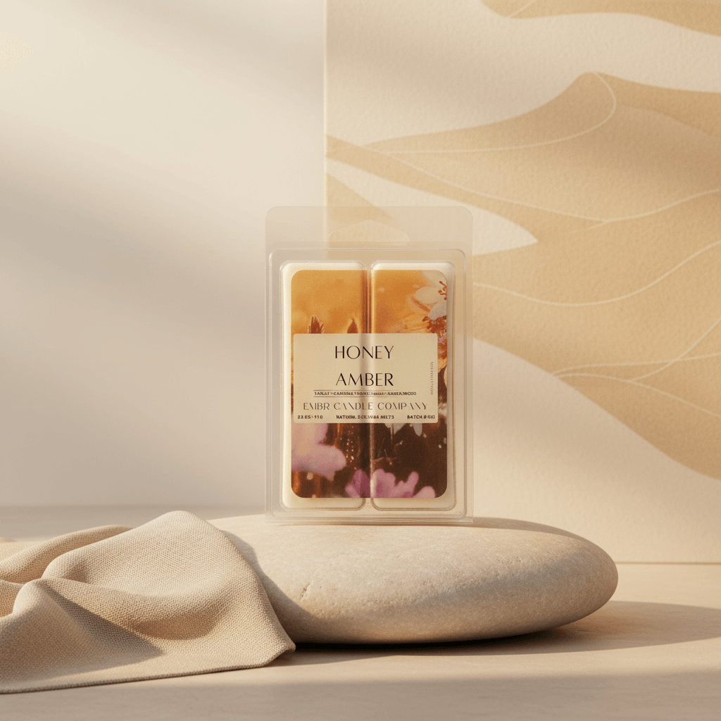 Honey & Amber Wax Melt in clamshell packaging on stone surface, featuring warm-toned soy wax ideal for home fragrance decor.