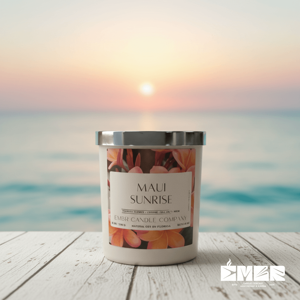 Maui Sunrise Soy Wax Candle 12 oz by Embr Candle Company on a beach deck at sunrise, ideal for home fragrance and spring decor ambiance.