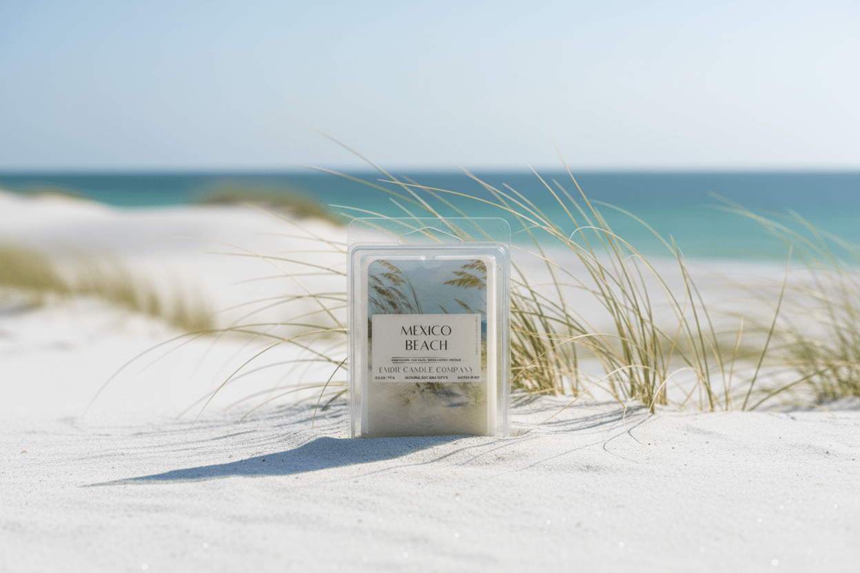 Mexico Beach Soy Wax Melt 2.5 oz with 6 cubes displayed on white sand dunes near ocean, ideal for home fragrance in beach-inspired decor.